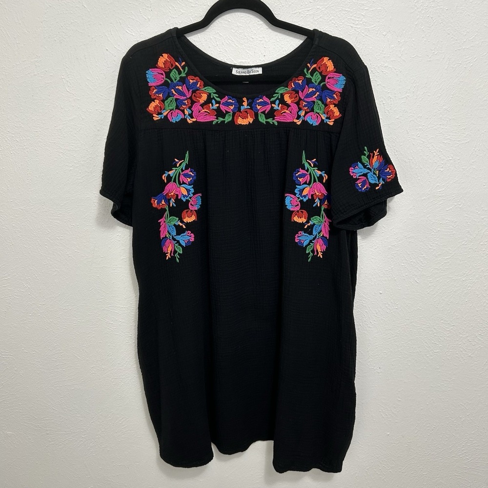 See &‎ Be Seen Black Floral Embroidered Cotton Gauze Shift Dress Mini Sz L Boho